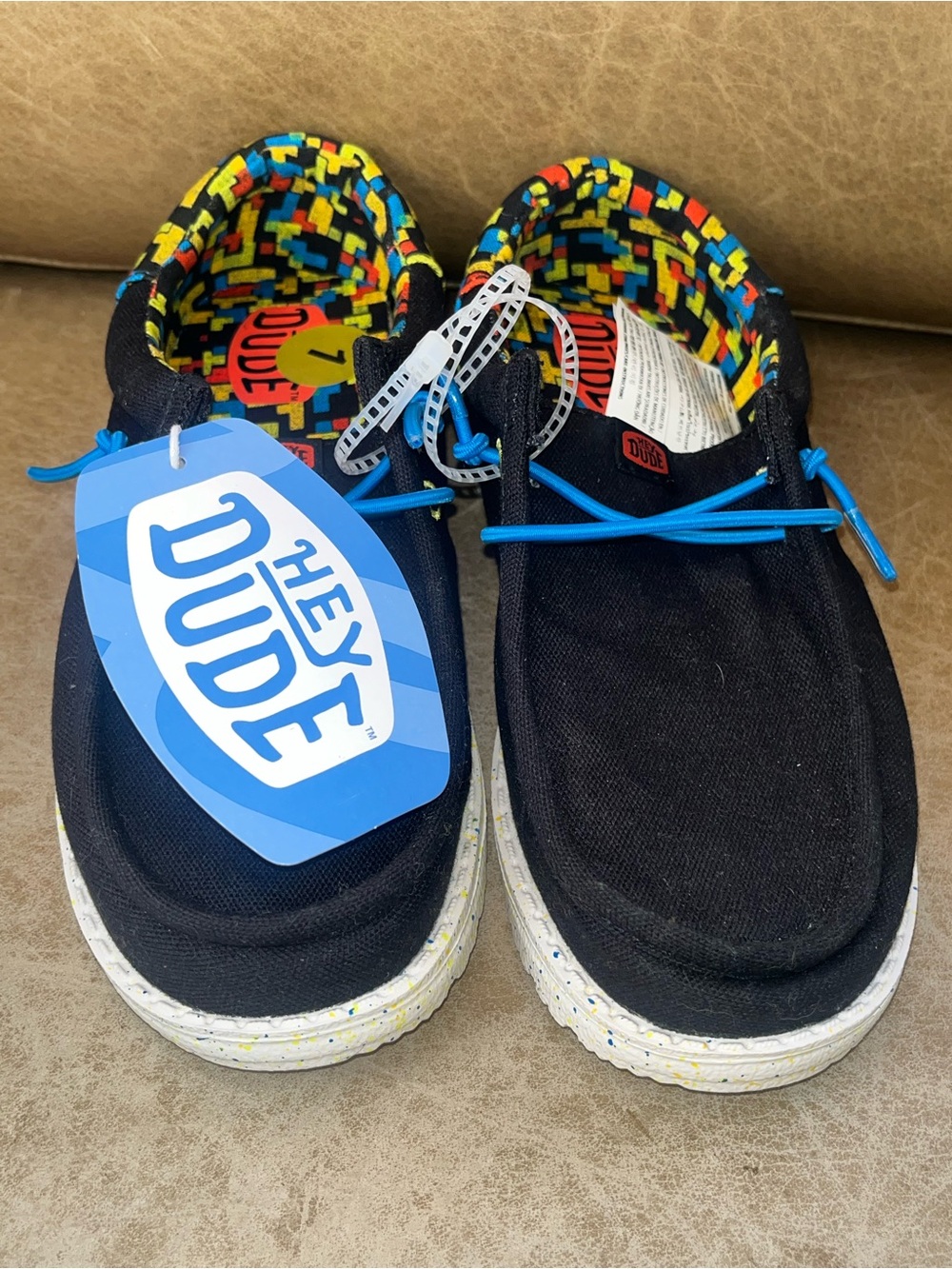 Hey Dude Kids Black Canvas Slip-Ons with Colorful Inner Lining